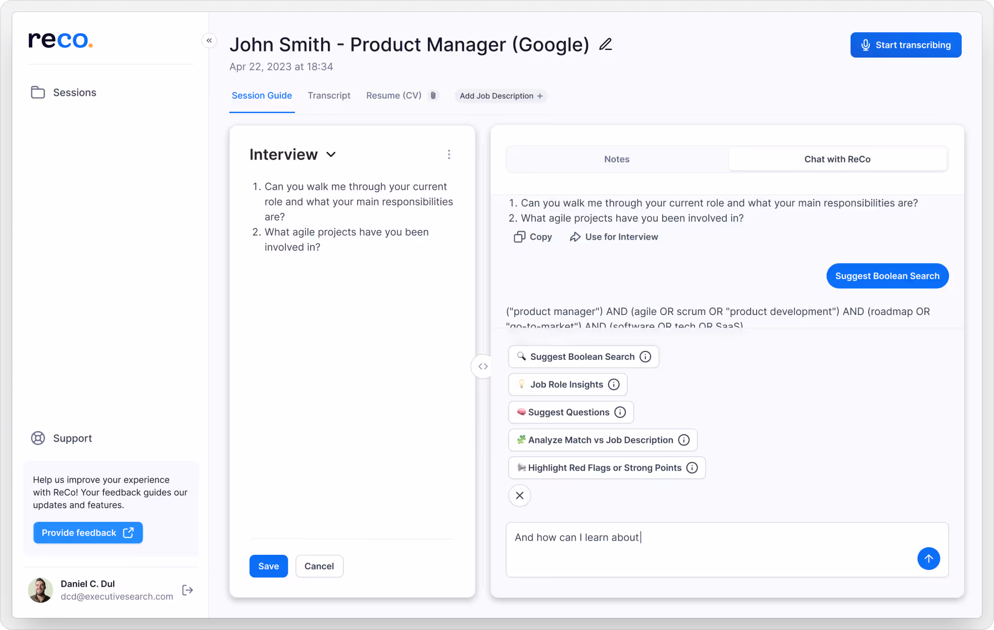 screenshot of Chat with ReCo feature - ChatGPT-like in-context recruiter's support